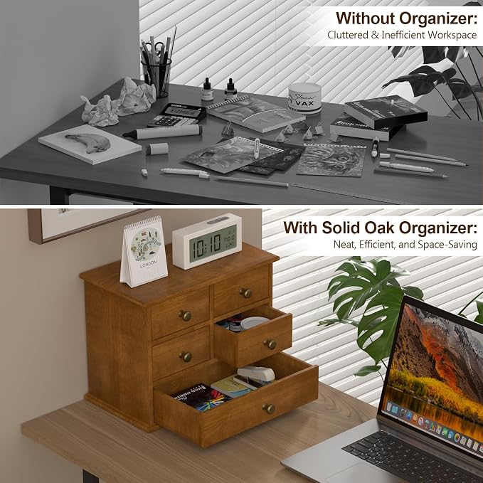 Oak Desk Organizer with Drawers, Durable Wooden Desktop Storage Box with Metal Handles & Non-Slip Silicone Pads, 5 Drawer Tabletop Organizer for Office, Bedroom, Bathroom, Vanity, and Makeup – Walnut