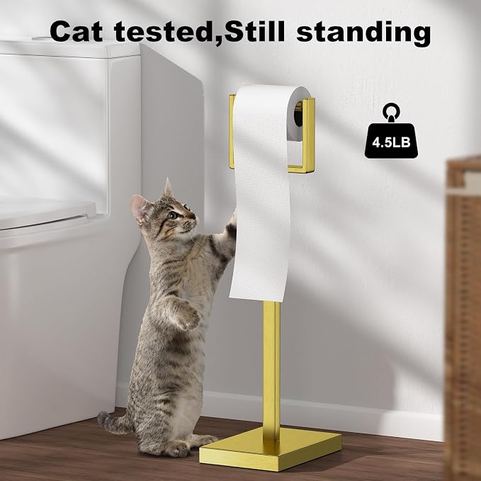 Brass Gold Toilet Paper Holder Stand，Stainless Steel Toilet Paper Holder Free Standing，Stable Weighted Base Floor Tissue Roll Holder for Bathroom，Modern Pivoting Toilet Paper Stand