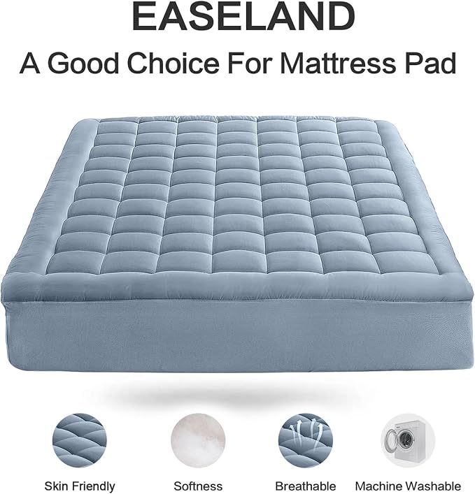 EASELAND Twin XL Mattress Pad Cotton Pillow Top Mattress Topper for Dorm | College Dorm Mattress Cover Cooling 8-21" Deep Pocket 39x80 Inches Dusty Blue,Boxing Quilted & Machine Washable