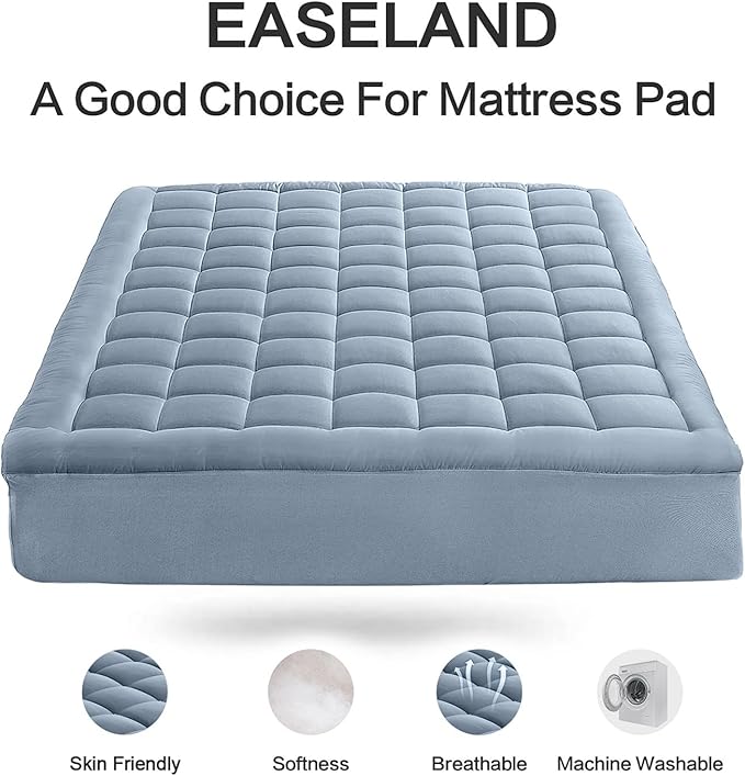 EASELAND Full Size Mattress Pad Pillow Top Mattress Topper Cotton Top | 8-21" Deep Pocket Cooling Mattress Cover/Protector 54x75 Inches Dusty Blue, Boxing Quilted & Machine Washable