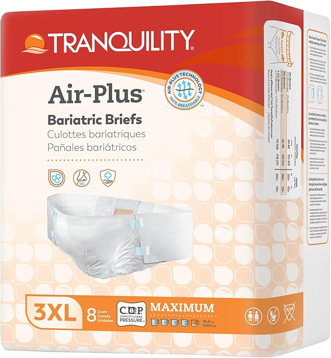Tranquility Bariatric Disposable Briefs 3X-Large with Peach Mat Core for Dry Skin, Odor Control & Max Comfort, Secure Kufguard Technology, Latex-Free, 34oz Capacity, 8ct Bag