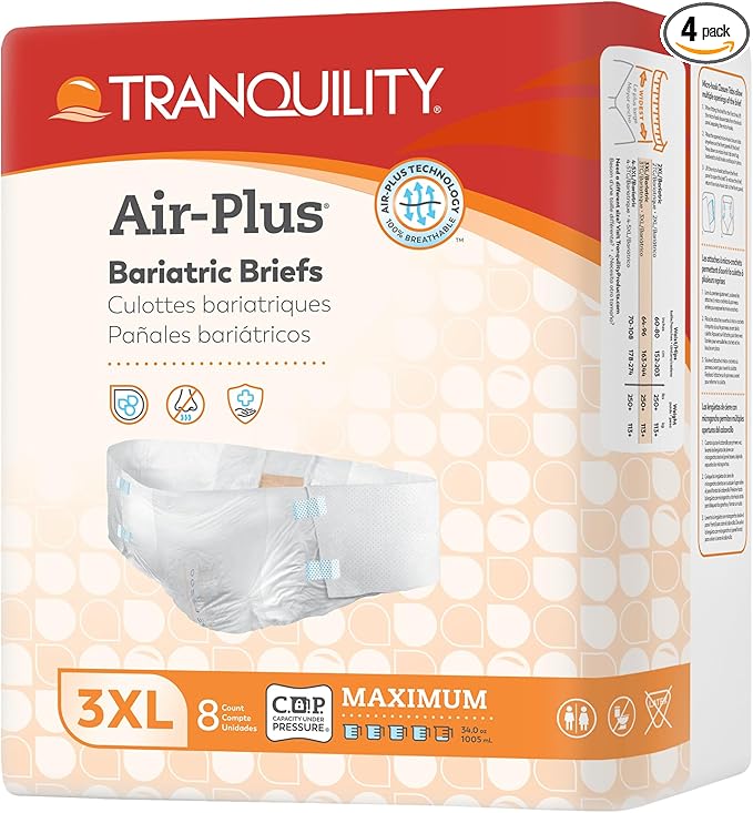 Tranquility Bariatric Disposable Briefs 3X-Large with Peach Mat Core for Dry Skin, Odor Control & Max Comfort, Secure Kufguard Technology, Latex-Free, 34oz Capacity, 32ct Case