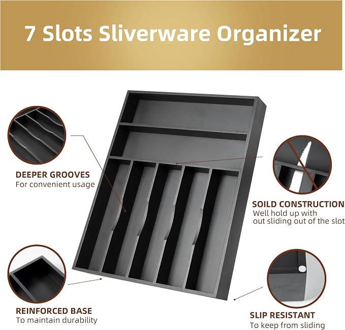 Besilord Silverware Organizer Kitchen Drawer Organizer Utensil Organizer Bamboo Silverware Holder Cutlery Organizer in Drawer Flatware Organizer Tray(7 slots, Black