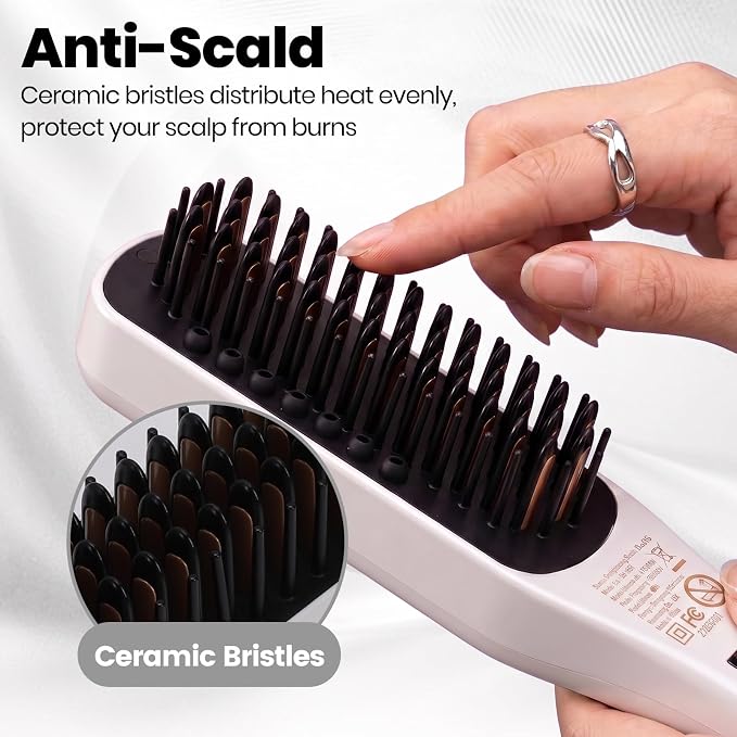 Steam Straightener Brush for Women Long Wavy Frizzy Hair, White | Dense ceramic bristles One pass straight 320-400℉ Anti-scald 5 temperature settings Dual voltage