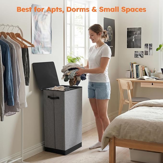 SOLEDI Laundry Hamper with Lid 100L Large & Tall Collapsible Laundry Basket, Clothes Hamper with Bag Removable Easy to Carry, Dirty Hampers for Bedroom, Bathroom, Dorm, College, Grey