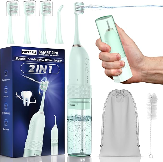 Electric Toothbrush with Water flosser, 2 in 1 Teeth Cleaning Kit, Toothbrush and Water flosser Combo, Travel Toothbrush with Water Bottle(Green)