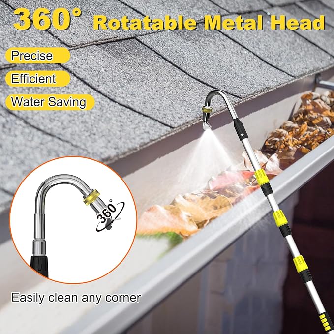 Buyplus 16FT(24FT Reach) Telescopic Gutter Cleaning Tools from The Ground, Rain Gutter Cleaners Tool with 360°Rotatable Metal Nozzle, Extension Pole, Hose Attachment, Watering Wand for Garden Hose