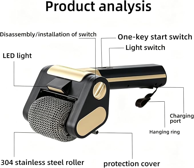 Cordless Electric Grill Cleaner with 2 Interchangeable Brush Heads, 350 RPM Rechargeable BBQ Scrubber with Bristle-Free Stainless Steel Roller + Bristle Brush for All Grills Black Gold
