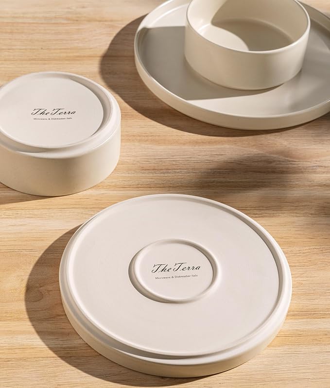 TheTerra Ceramic Dinnerware Sets for 8, 24 Pieces Porcelain Lightweight Plates and Bowls Sets, Scratch Resistant Dish Set, Oven & Microwave & Dishwasher Safe, Matte White