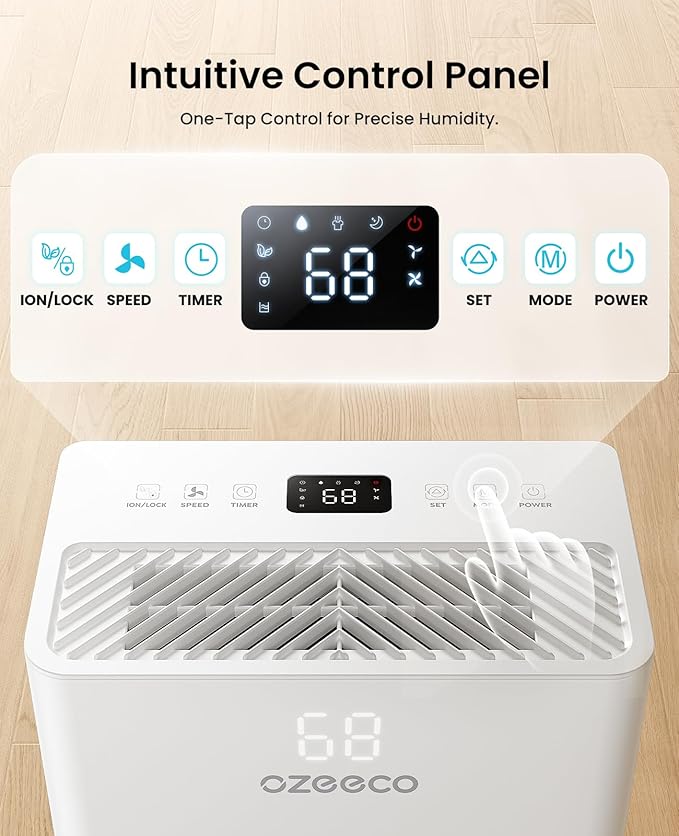 34 Pint Dehumidifier for Basement up to 2500 Sq.Ft, ozeeco Home Dehumidifier with Drain Hose, Ionizer, Humidity Control, Ultra Quiet, Child Lock, 24H Timer for Bedroom, Bathroom, RV