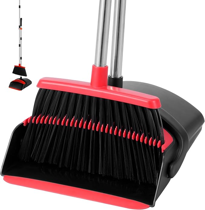 BSKLIN Broom and Dustpan Set for Home, 52" Long Handle Standing Broom Set with Dustpan Self-Cleaning Teeth for Hair Removal Heavy Duty Indoor Outdoor Sweeping Kit for Kitchen Garage (Black)