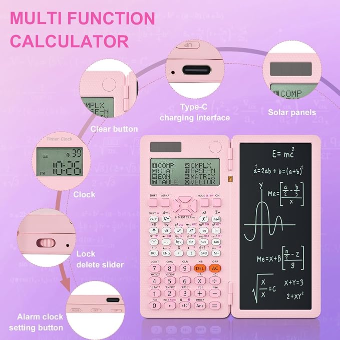 Scientific Calculators, Rudnia Pink Calculator with Alarm Clock, 417 Functions Desktop Calculator Rechargeable, Calculator for School & College Students (Pink)