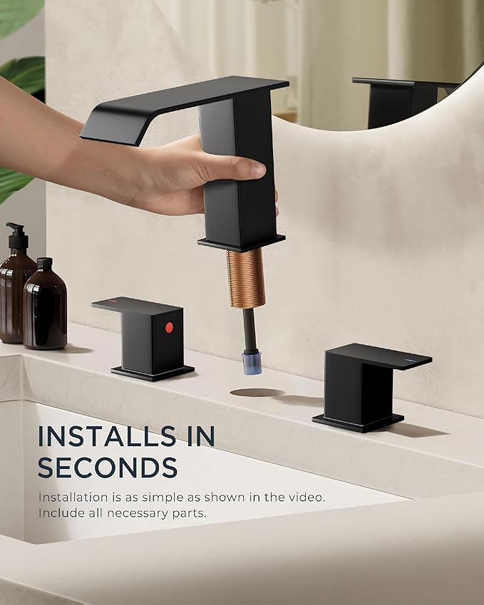 FORIOUS Bathroom Faucets 3 Hole, Matte Black 8 Inch Widespread Bathroom Sink Faucet Waterfall Spout, with Pop Up Drain and Water Supply, Suitable for Vanity Rv Commercial Lavatory Restroom