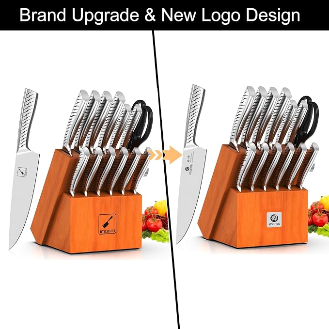 imarku® Knife Set,14-Piece Knife Sets for kitchen with block,Premium One-Piece Kitchen Knife Set with Sharpener,High Carbon Stainless Steel Knives Set for Kitchen,Silver,Dishwasher Safe