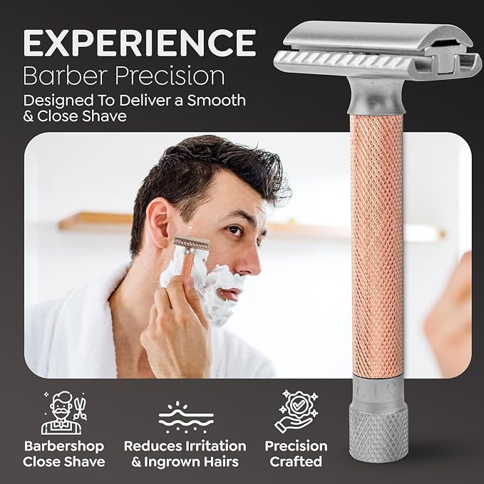 Parker Variant Double Edge Adjustable Closed Comb Safety Razor, Rose Gold | Five Dial Settings Customize Blade Exposure From Mild To Aggressive. Includes 5 Premium Razor Blades.