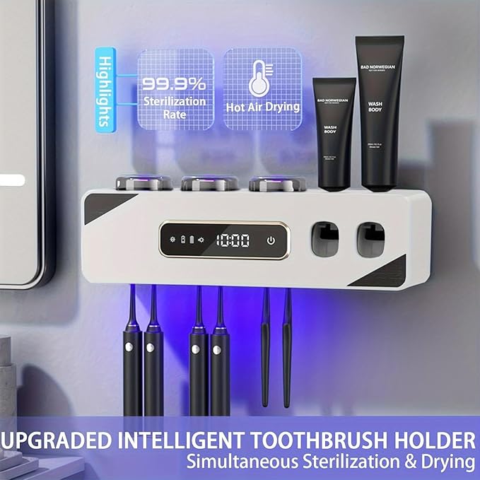 Generic Toothbrush Holder for Bathrooms, Toothbrush Holder with Automatic Toothpaste Dispensers, Smart Drying and Cleaning, Easy Installation, Rust-Resistant, and Hygienic (White)