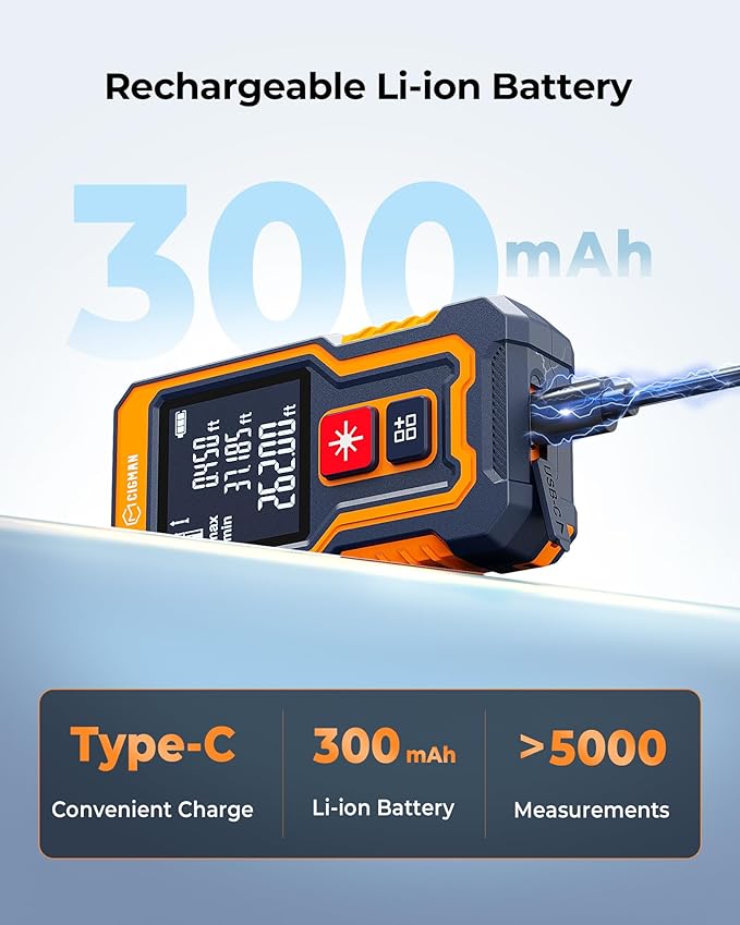 Laser Measuring Tool 262Ft, CIGMAN Pocket-Size Digital Laser Tape Measure, Mini Rechargeable Laser Measure with High Accuracy, 4 Units Ft/Ft+in/in/M, Backlit LCD, Length/Area/Volume/Pythagorean Mode
