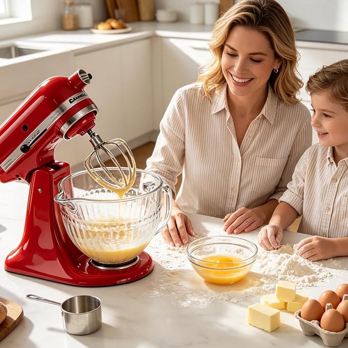 5QT Glass Mixer Bowl for KitchenAid 4.5 and 5 Quart Tilt-Head Stand Mixers | Double-Layer Thickened Mixing Bowl Replacement for Kitchen aid with Measurement Markings Pour Spout & Handle, Dishwasher Safe