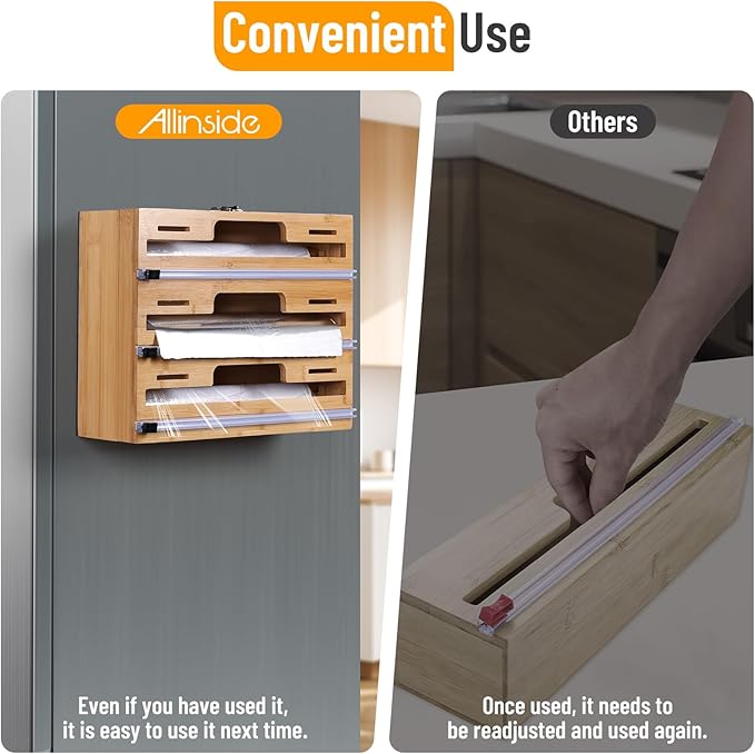 Allinside Magnetic Plastic Wrap Dispenser with Cutter, 3 in 1 Refrigerator Bamboo Wood Organizer for Tin Foil, Baking Paper, Wax Paper Holder Kitchen Storage Box Compatible with 12.9" Roll (3 Layer)