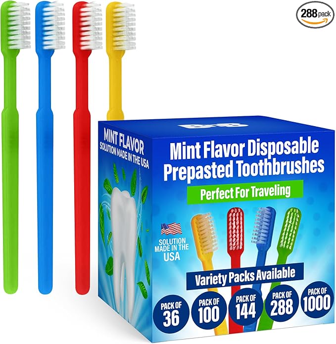 Bulk 288 Disposable Toothbrushes With Toothpaste (288 Pack) Prepasted Mint Flavor Individually Wrapped - No Water Needed, Paste Made In USA Great For Airbnb, Hotel, Camping, Travel, Donation