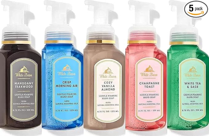 Bath and Body Works Gentle Foaming Hand Soap Kitchen Basics - Cozy Vanilla Almond, Crisp Morning Air, Mahogany Teakwood, Champagne Toast, White Tea and Sage, 8.75, Pack of 5