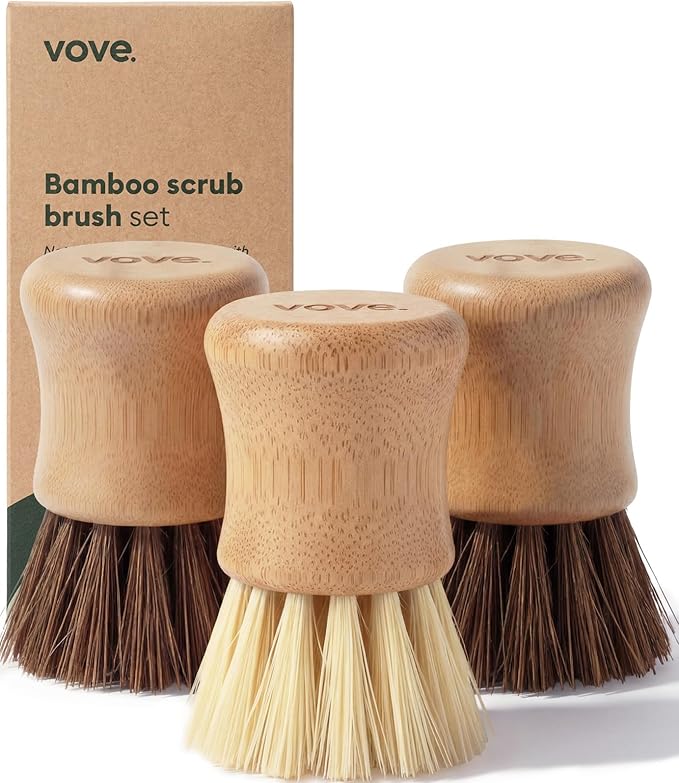 Vove Bamboo Dish Scrub Brush Set, 3-Pack Plastic-Free Kitchen Brushes for Dishes Pots and Cast Iron, FSC-Certified Bamboo with Natural Sisal and Union Fiber Bristles, 2 Hard and 1 Medium Brush