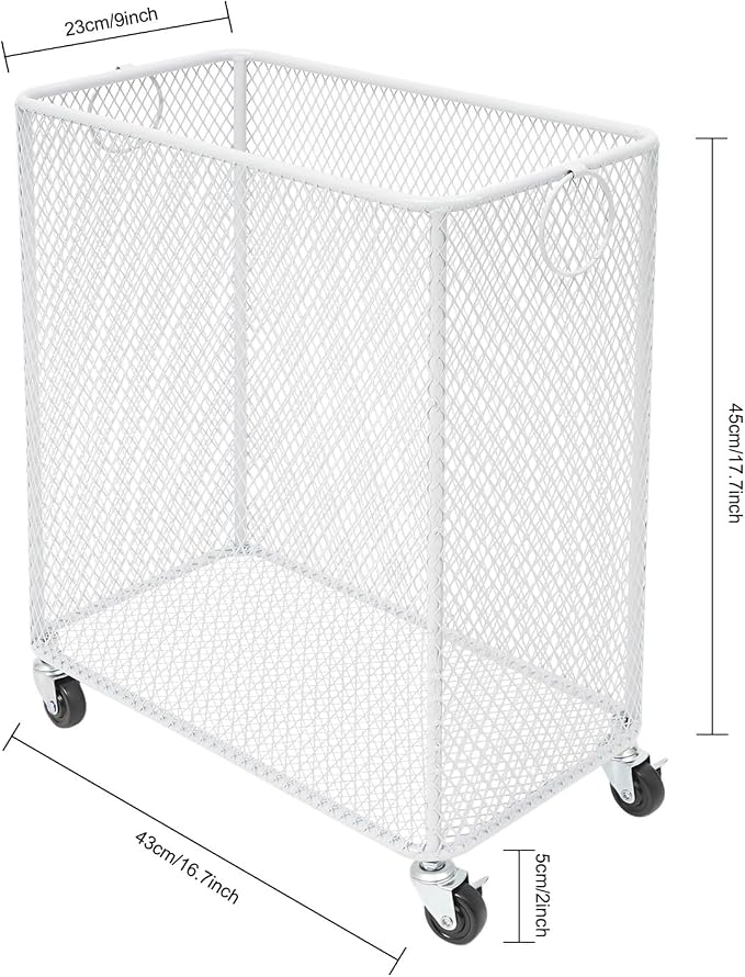 Laundry Basket, Large Rolling Fashion Laundry Basket, Dirty Clothes Hamper Cart with Wheels Metal Dorm Room Essentials for Laundry Room, Balcony, Bathroom, Bedroom, Kitchen (White, Rectangular)