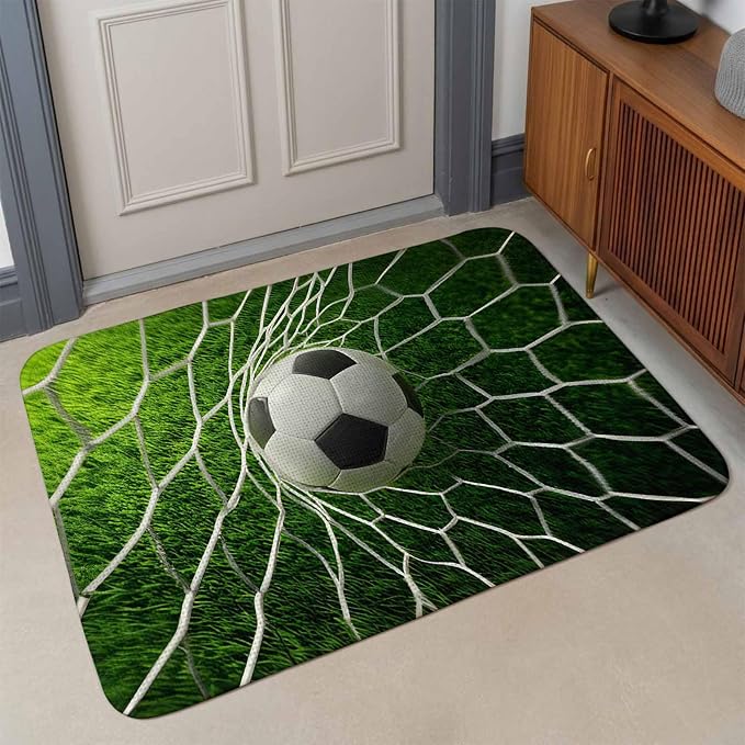 Soccer Washable Area Rugs for Living Room Bedroom, Large Non Slip Indoor Floor Carpet Absorbent Low Pile Goal Net Competitive Green Grass Athletic Door Mat Rugs for Bathroom Entryway 47.2"x63"
