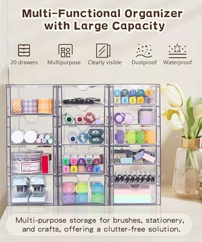 VZKAH Clear Acrylic Organizer with Drawers | 15-Drawer Desktop Unit | Makeup & Desk Organization and Storage Box for Office, Craft, Vanity Table, Bathroom, Home Essentials