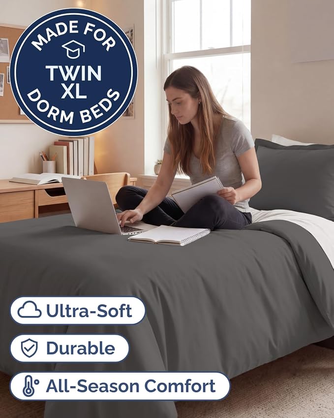 Duvet Cover Twin/Twin XL Size Set - Extra Soft Twin/Twin XL Duvet Cover 68" x 90" with 1 Pillow Sham for Women, Men, Kids & Teens - Comfy, Easy-Care & Fade Free w/ Zipper Closures & Ties (Dark Grey)