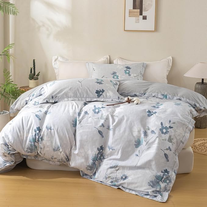 OAITE Duvet Cover Set Queen Size Floral Pattern Ultra Soft 100% Cotton Duvet Cover Sets 3-PC, Breathable Duvet Cover with Zipper Closure & Corner Ties(2 Pillow Shams,1 Duvet Cover)