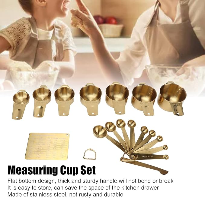 Gold Measuring Cups with Stainless Steel Construction, Gold Measuring Spoons with Sleek Appearance, 18 Piece Tool Set for Baking Cooking Kitchen Use