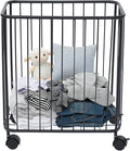 Rolling Laundry Basket with Wheels, Rectangular Metal Laundry Hamper, Large-size Dirty Clothes Basket, Versatile Portable Hollow-out Storage Basket for Home, 15.7"×9.8"×15.7" (Black-R)