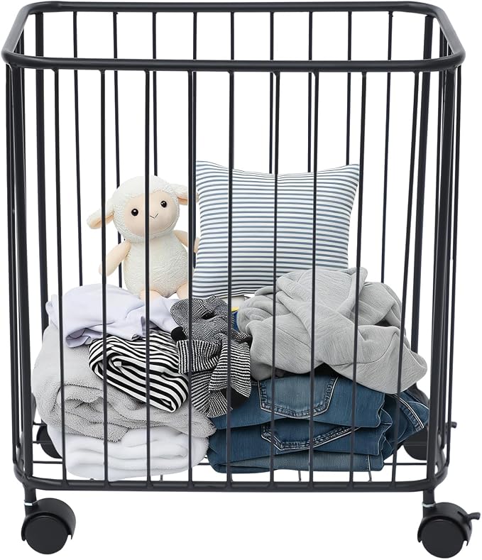 Rolling Laundry Basket with Wheels, Rectangular Metal Laundry Hamper, Large-size Dirty Clothes Basket, Versatile Portable Hollow-out Storage Basket for Home, 15.7"×9.8"×15.7" (Black-R)