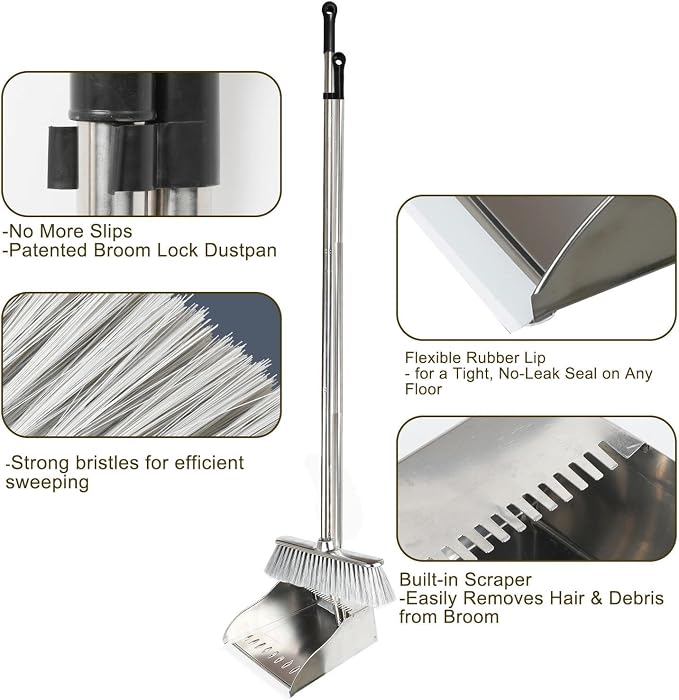 Metal Dustpan with Broom Set, Long Handle Stainless Steel Dustpan,Heavy Duty Standing Dust Pan with Teeth, Indoor Outdoor Up for Home Kitchen Lobby Room Office