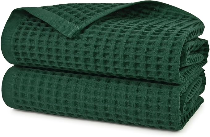 Waffle Bath Towels 2-Piece (Forest Green) - Cotton, Soft, Quick Dry | 31” x 62” Shower Towels for Bathroom Decor, Beach, Guest