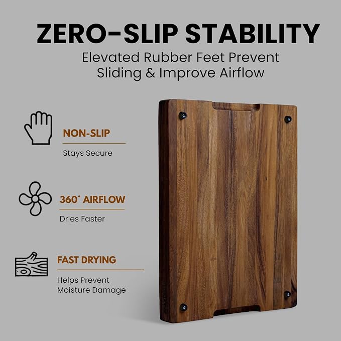 SHUMARU Exotic Suar Wood Cutting Board – 17x13x1.6" Charcuterie | Handmade in Bali - Silky-Smooth, Juice Groove, Sorting Compartment, Knife‑Friendly, Ergonomic Grips & Non‑Slip Feet