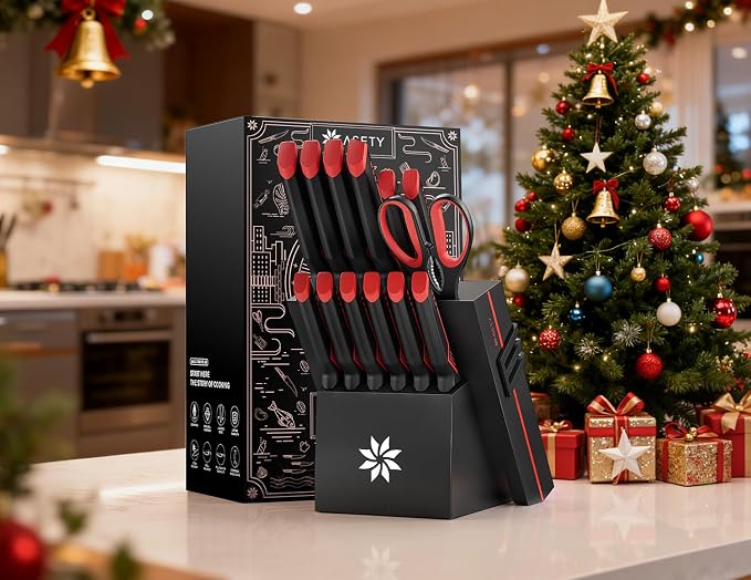 ASETY Knife Set with Block, 15 PCS Kitchen knife Set, Dishwasher Safe, Red | Razor Sharp Knives, Wood Knife Block with Built-In Sharpener, Stainless Steel, Ergonomic Handle, Elegant Box for Men Women