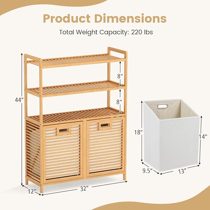 Giantex Double Tilt Out Laundry Hamper with 3-Tier Storage Shelf | 14 Gal Bamboo Laundry Storage Cabinet w/Removable Laundry Baskets, Laundry Sorter Organizer for Bathroom Living Room Bedroom