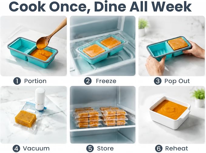 1 Cup Silicone Freezer Trays with Lid, Meal Prep Containers-2-Pack | Food-Grade Silicone, BPA-free, Food Freezer Mold for Soup, Stew, Sauce, Leftovers, Reinforced Alloy Frame, Dishwasher Safe
