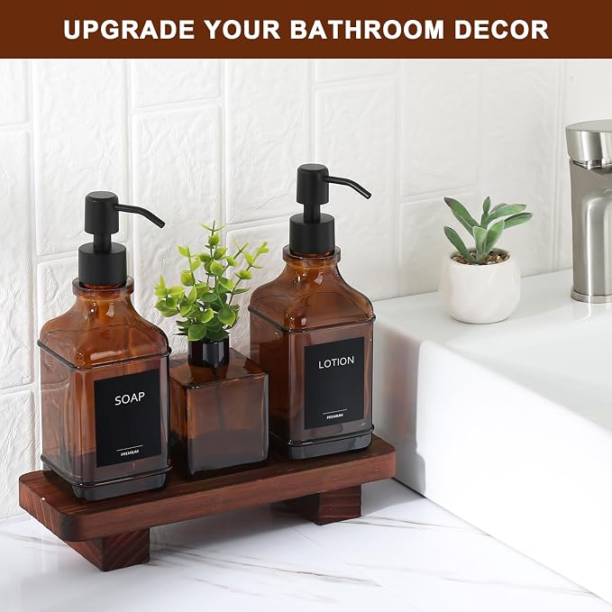 Modern Kitchen Soap Dispenser Set with Wood Tray, Amber Glass Soap Dispensers with Pump, Decorative Hand and Dish Soap Dispenser Set, Soap and Lotion Dispenser Upgrade for Kitchen and Bathroom Decor
