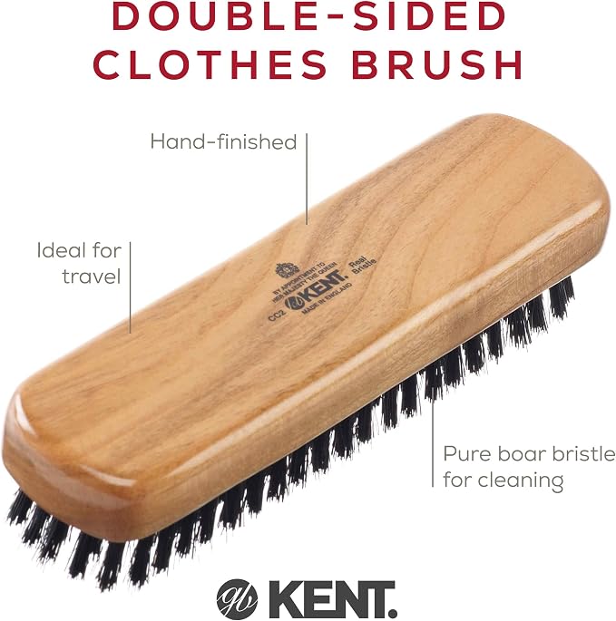 Kent CC2 Finest 100% Handcrafted Clothes Brush: Black Boar Bristle & Nylon Mix with Cherrywood Handle - Travel-Size Lint/Fuzz Remover for Cashmere, Wool, Silk; Suede Brush & Pet Hair Lint Roller