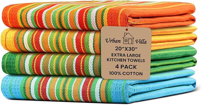 Urban Villa Kitchen Towels 100% Cotton Dish Towels for Kitchen(Set of 4)20”x30” Dish Cloths Highly Absorbent Kitchen Linen Set with Hanging Loop Perfect for Drying Dishes Cleaning Towels -Multi Color