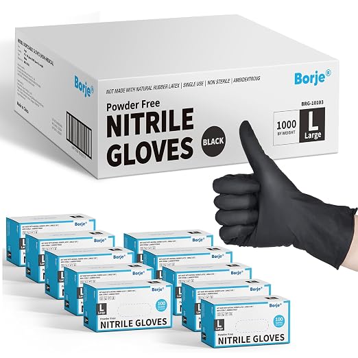Borje Nitrile Gloves Large, 1000 Count Disposable Gloves, Black | Latex-Free Powder-Free, Medical Exam, Food Safe, Cleaning, Cooking