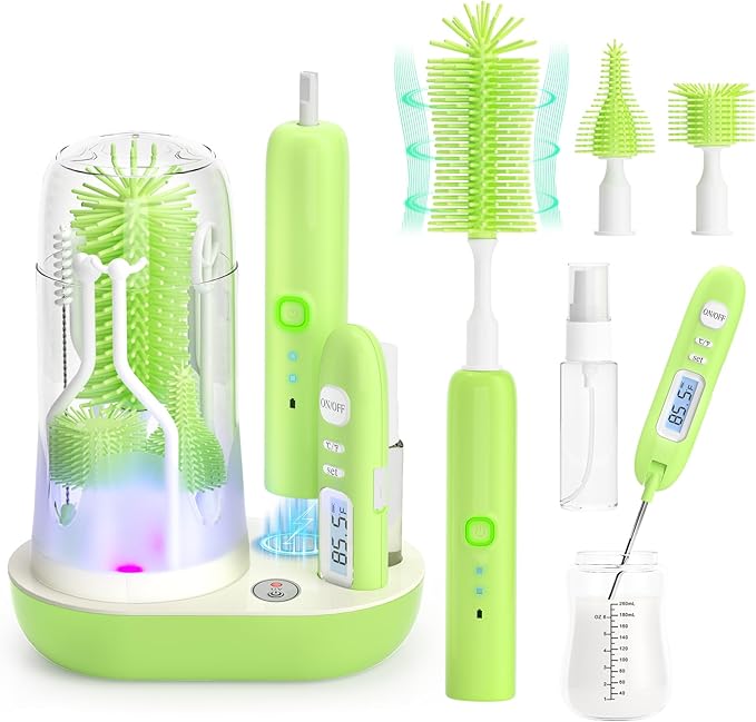 Electric Bottle Brush Cleaner,Wireless Charging Electric Baby Bottle Brush Cleaner,Nipple/Straw/Bottleneck Brush,Food Thermometer,Formula Mixer-IPX7 Waterproof,Travel Bottle Cleaner Kit for Newborn