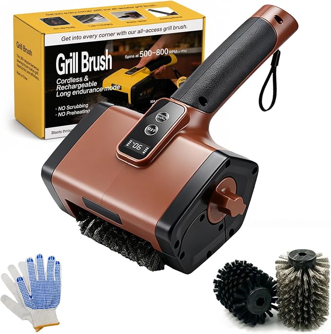 Electric BBQ Grill Brush,3000mAh Electric Grill Cleaner for Outdoor Grill, 2-Speed Power, Type-C Charging, 2 Brush Heads & LED Light, Motorized Grill Cleaning Brush for Camping & Family BBQ (Brown)