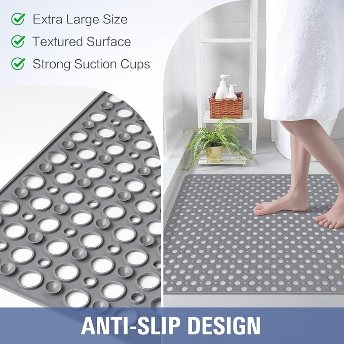 OTHWAY Large Shower Mat, 47"x 32" TPE Shower Mat Non Slip, Heavy Shower Floor Mat with Drain Holes and Suction Cups, No Odor Shower Mats for Inside Shower for Elderly Bathroom(D-Grey)