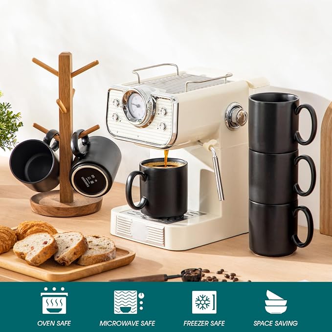 vancasso Porcelain Coffee Mugs Set of 6, 16 Oz Large Black Coffee Cups for Latte, Cappuccino, Tea & Hot Cocoa, Sleek Modern Café Style for Home, Office & Coffee Bar, Microwave & Dishwasher Safe