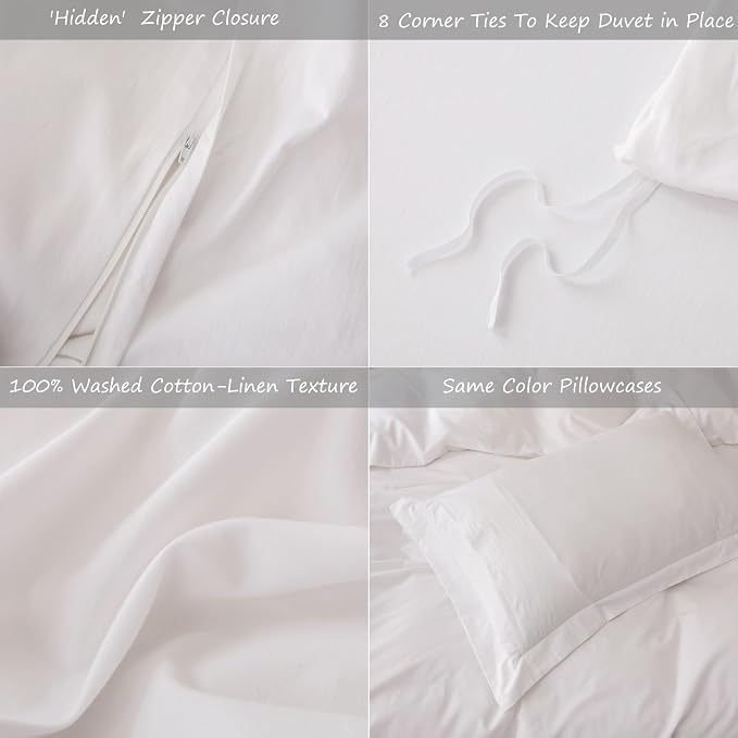 Linen Feel Duvet Cover Queen Size 90inch x 90inch,100% Washed Cotton Duvet Cover with Zipper Closure and 2 Pillowcases, Color of Bright White