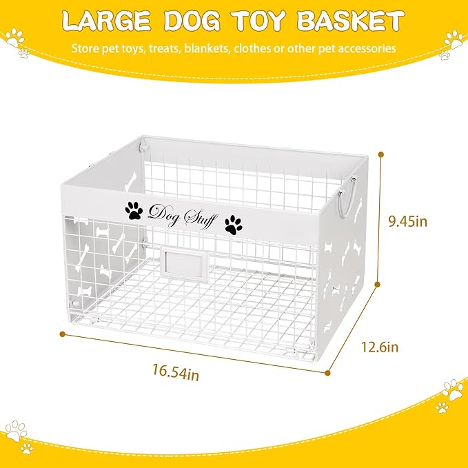 Bfttlity Dog Toy Basket - Large Dog Toy Box with Handles and Label Position Design for Living Room, Metal Dog Toy Bin Storage for Dogs Chew Pets Toys, Blankets, Clothes, Food (White)